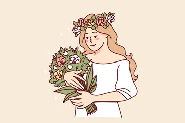 Happy woman with flower wreath on head holding beautiful bouquet. Smiling girl enjoy summer flowers in hands. Good mental health. Vector illustration. 