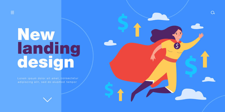 Female super hero flying up in sky along with dollar symbols. Financial rescue from woman in cape of flat vector illustration. Finance, charity concept for banner, website design or landing web page