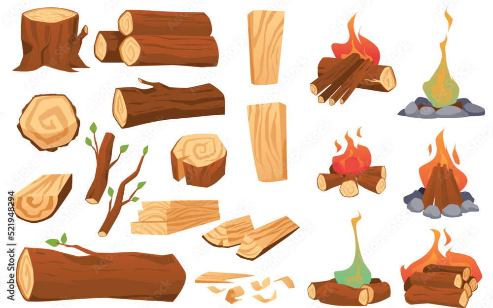 Wall mural wooden materials and burning firewoods set, flat vector illustration isolated.