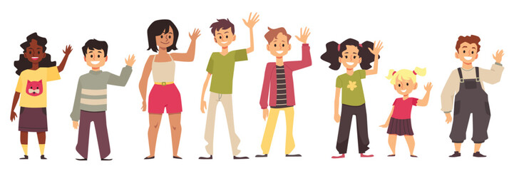 Happy cute kids waving their hands, set with smiling schoolboy, preschoolers