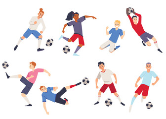 Soccer players kicking ball characters set, flat vector illustration isolated.