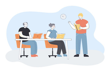 Senior people attending computer lesson flat vector illustration. Man teaching elderly man and woman how to use laptop. Education, retirement concept for banner, website design or landing web page