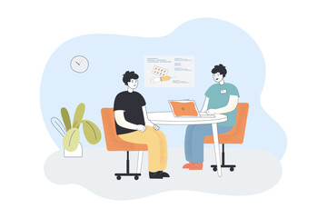 Sad patient having meeting with doctor flat vector illustration. Therapist sitting at desk and prescribing medications Healthcare, treatment concept for banner, website design or landing web page