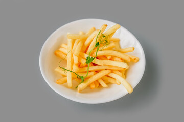 French fries on plate on gray background