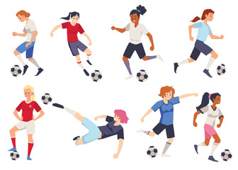 Fototapeta na wymiar Soccer female players characters set, flat cartoon vector illustration isolated.