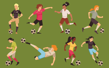 Fototapeta na wymiar Soccer player girl vector cartoon avatar. Women play football sport, different poses and diverse female players.