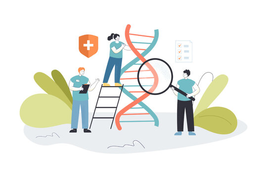 Tiny scientists analyzing DNA flat vector illustration. Doctors researching human genome. Laboratory, research, genetic modification concept for banner, website design or landing web page