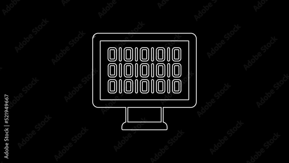 Poster white line binary code icon isolated on black background. 4k video motion graphic animation