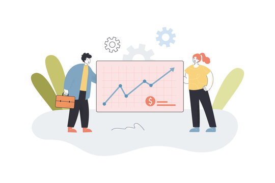 People analyzing growing financial statistics. Man and woman investing money, researching market flat vector illustration. Growth, finance concept for banner, website design or landing web page