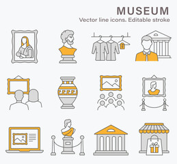 Museum icons, such as sculpture, gallery, exhibit, culture and more. Vector illustration isolated on white. Editable stroke.