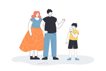 Little son hiding emotions under mask flat vector illustration. Boy showing fake feelings to parents. Psychology, disguise, expression concept for banner, website design or landing web page