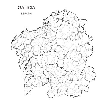 Geopolitical Vector Map of the Autonomous Community of Galicia (Galiza) with Provinces, Judicial Areas (Partidos Judiciales), Comarques (Comarcas) and Municipalities (Municipios) as of 2022