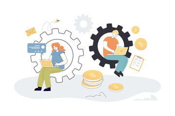 People sitting on gear wheels and working on laptop. Engineers working on mechanism together flat vector illustration. Teamwork, cooperation concept for banner, website design or landing web page