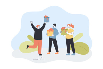 Happy man receiving gifts from friends flat vector illustration. Man and woman giving presents to friend. Surprise, party, event concept for banner, website design or landing web page