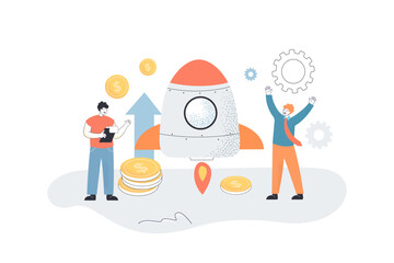 Businessmen launching rocket flat vector illustration. Happy partners working together, launching startup. Business, teamwork, innovation concept for banner, website design or landing web page