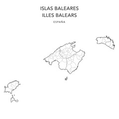 Geopolitical Vector Map of the Autonomous Community of the Balearic Islands (Islas Baleares or Illes Balears) with Judicial Areas and Municipalities (Municipios) as of 2022 - Spain