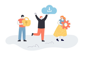 People holding lock, gear wheel and cloud download sign. Data protection, security, preferences, cloud storage flat vector illustration. Internet concept for banner, website design or landing web page