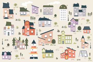 Different houses cute set in flat cartoon design. Bundle of apartment buildings, office towers, private homes of different structures and colors for cityscape. Vector illustration isolated elements