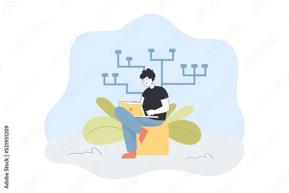 Aufkleber male programmer working on laptop flat vector illustration. man sitting and looking at laptop screen