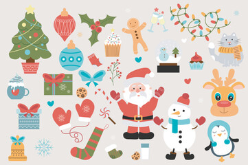 Christmas party cute set in flat cartoon design. Bundle of festive tree with toys, cupcake, gingerbread man, garland, gift, Santa Claus, snowman, deer and other. Vector illustration isolated elements