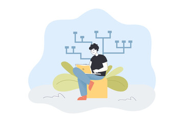 Male programmer working on laptop flat vector illustration. Man sitting and looking at laptop screen. Occupation, programming, cyberspace concept for banner, website design or landing web page