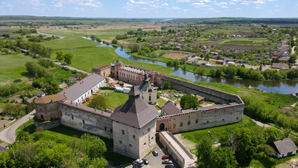 View from a height of a medieval castle on the banks of the river. Medzhybizh fortress  