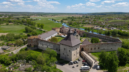 View from a height of a medieval castle on the banks of the river. Medzhybizh fortress  