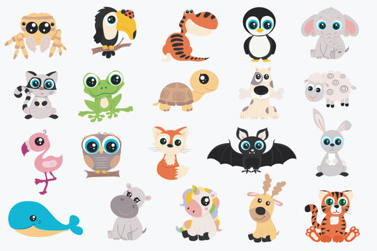 Cute animals set in flat cartoon design. Bundle of spider, toucan, dinosaur, penguin, elephant, cat, frog, turtle, dog, sheep, flamingo, owl, fox, bat and other. Vector illustration isolated elements