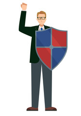 盾をを持った白人系男性のビジネスマンの人物イラスト　セキュリティのイメージ
