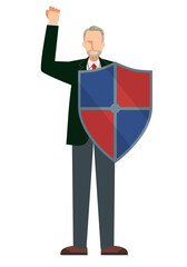 盾をを持った白人系男性のビジネスマンの人物イラスト　セキュリティのイメージ
