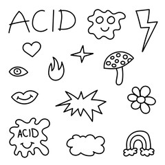 Acid Rave Smile Set. Acid Smile and Psychedelic Collection. Acid Rave Collection with Hand Drawn Abstract Elements Isolated on White Background.