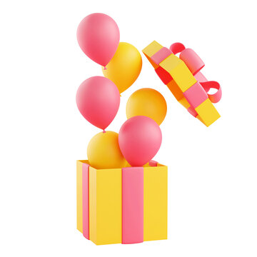 Open gift box with floating balloons 3d illustration. Birthday or Christmas yellow present box with pink ribbon and bow. Balloons flying out of wrapped package