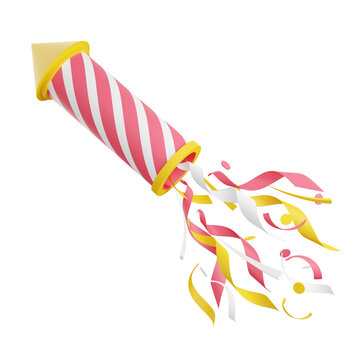 Firework with confetti 3d render illustration. Pink and yellow striped flying rocket with sparkles for holiday celebration and congratulation.