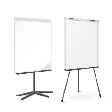 Flip chart on tripod in realistic vector illustration, whiteboard for lecture