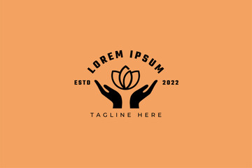 Hand with plant logo. Growth concept. Environment friendly symbol. Eco vector illustration. Hand holding leaf logo.