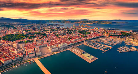 Splendid summer view from flying drone of Trieste, Italy, Europe. Aerial seascape of Adriatic sea....