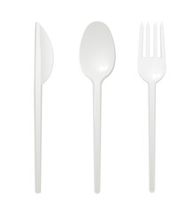 Disposable plastic cutlery in realistic style, vector illustration isolated on white background.
