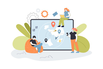 People working remotely flat vector illustration. Huge tablet with globe on screen. Women and man working on laptop. Freelance concept for banner, website design or landing web page
