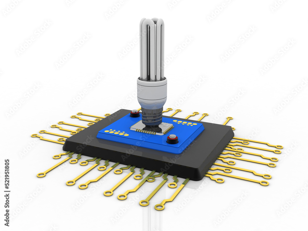 Poster 3d rendering microchips with bulb