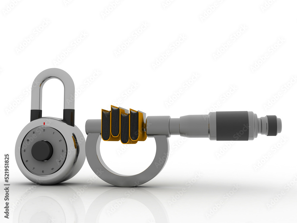 Poster 3d rendering yellow folder in screw gauge near lock. data security concept