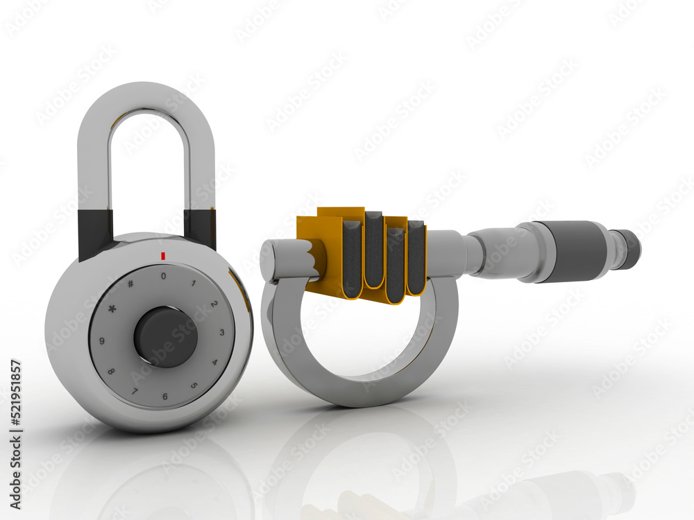 Poster 3d rendering yellow folder in screw gauge near lock. data security concept