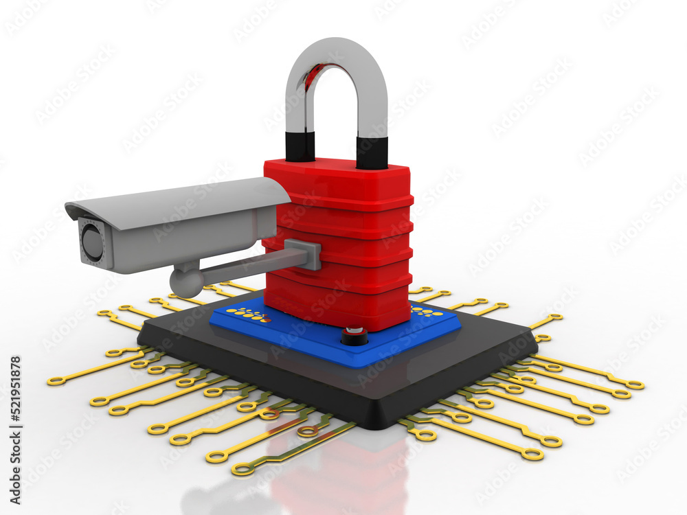 Poster 3d rendering lock protected microchips under cctv camera