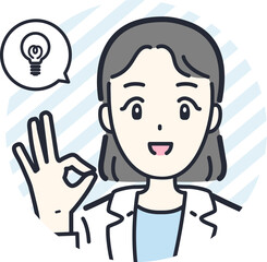 豆電球マークとポジティブな表情でOKサインをする女性医師の丸アイコン素材