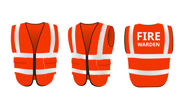 Safety fire warden vest templates set, realistic vector illustration isolated.