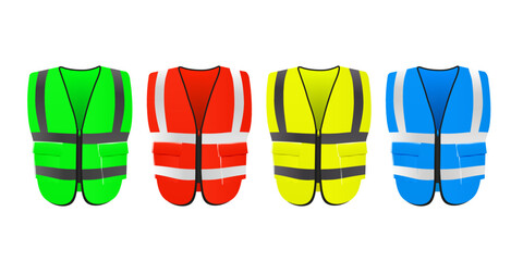 Green, red, yellow and blue safety vest vector mockup. Reflective bright fluorescent jacket for construction work, 3d.