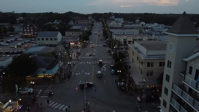 Flying over the town of Old Orchard Beach in Maine at dusk in August.