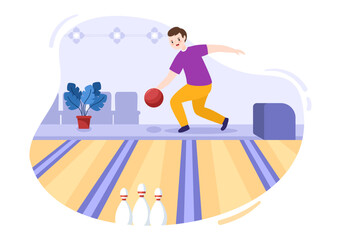People Play Bowling Game Hand Drawn Cartoon Flat Design Illustration with Pins, Balls and Scoreboards in a Sport Club or Activity Competition