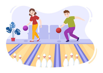 People Play Bowling Game Hand Drawn Cartoon Flat Design Illustration with Pins, Balls and Scoreboards in a Sport Club or Activity Competition