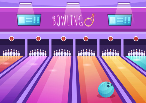 Bowling Game Hand Drawn Cartoon Flat Background Design Illustration with Pins, Balls and Scoreboards in a Sport Club or Activity Competition
