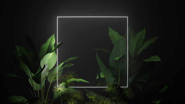 White Neon Light with Tropical Plants. Square shaped Fluorescent Frame in Jungle Environment.